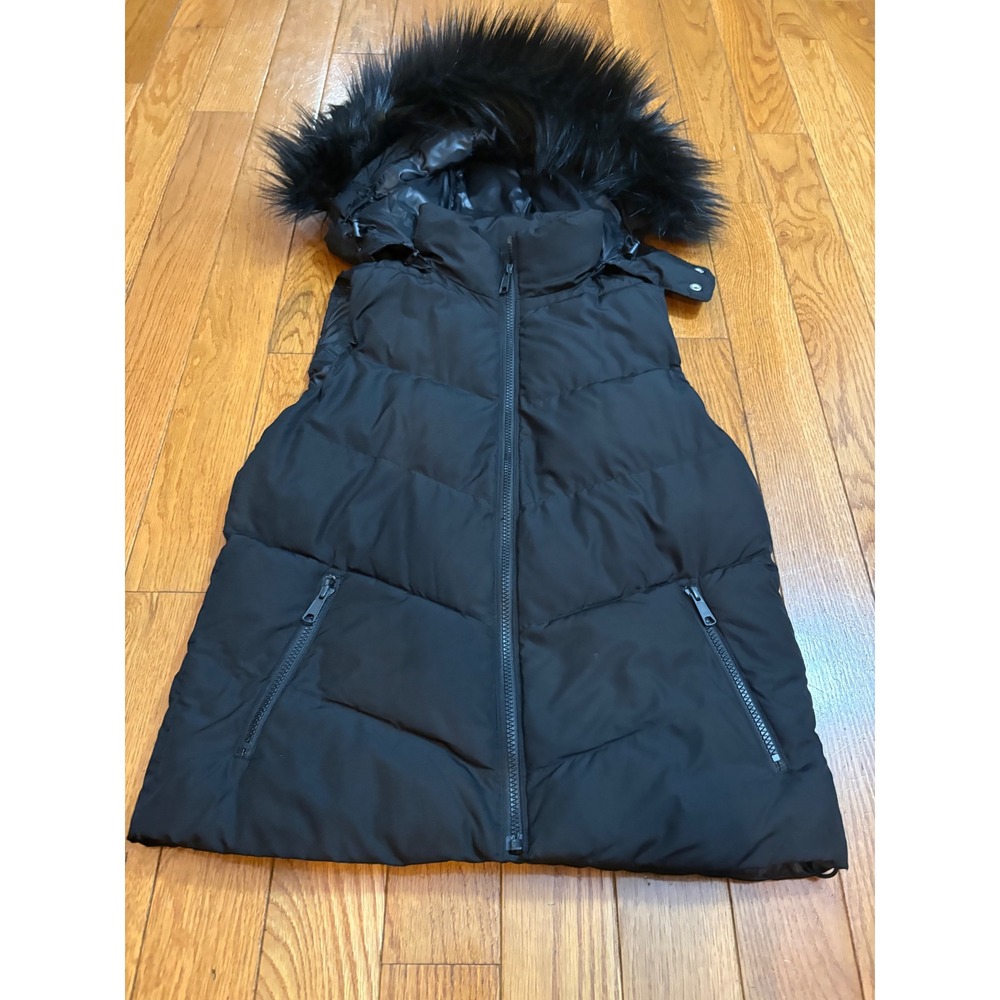 Gap Womens Primaloft Puffer Vest Black Faux Fur Hood Zip Up Size M